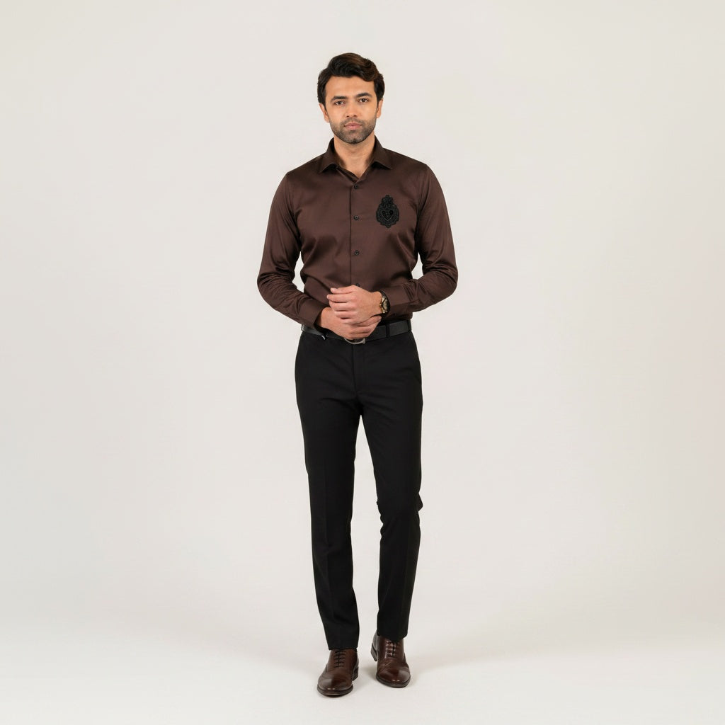 Dark brown shirt for men worn by model in premium festive party style