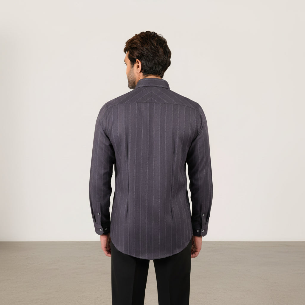 Model showing the back fit and structure of dark grey Giza satin shirt