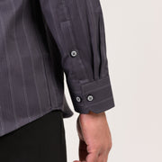 Premium dual-button cuff detail on dark grey herringbone formal shirt