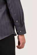 Premium dual-button cuff detail on dark grey herringbone formal shirt