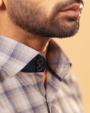 Half side collar view of dark grey plaid Giza twill shirt on model
