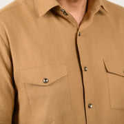 Dark sand shirt for men collar and pocket detail with herringbone pattern