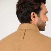 Dark sand shirt for men worn by model showing back fit and style