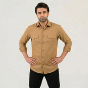 Dark sand shirt for men worn by model showing full front view with folded sleeves
