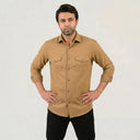 Dark sand shirt for men worn by model showing full front view with folded sleeves