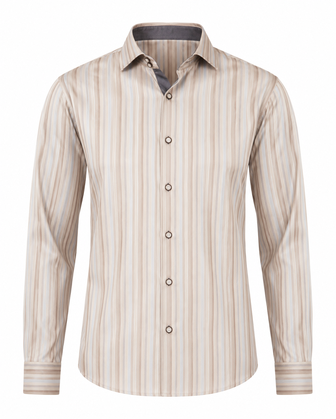 Earth tone satin stripe shirt front view for men