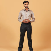Model wearing earth tone satin stripe shirt full front view
