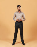 Model wearing earth tone satin stripe shirt full front view