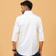 Model back view wearing premium white Giza satin shirt