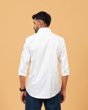 Model back view wearing premium white Giza satin shirt