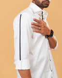 Folded cuff detail of premium white Giza satin shirt on model