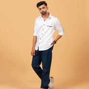 Model wearing premium white Giza satin shirt full front view