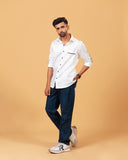 Model wearing premium white Giza satin shirt full front view