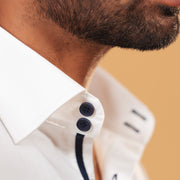 Half side collar view of premium white Giza satin shirt on model