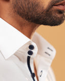 Half side collar view of premium white Giza satin shirt on model