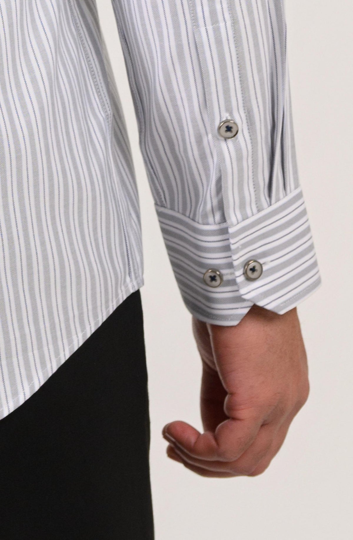 Cuff detail of grey striped shirt for men in premium 100s twill fabric