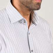 Double-button collar detail on grey striped shirt for men by Shaan & Stitch
