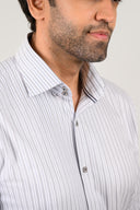 Double-button collar detail on grey striped shirt for men by Shaan & Stitch