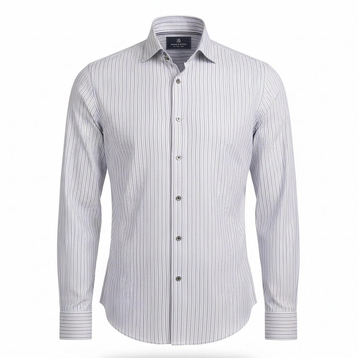 Grey striped shirt for men in premium 100s twill fabric by Shaan & Stitch