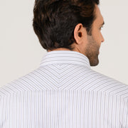 Model wearing grey striped shirt for men by Shaan & Stitch back view zoomed