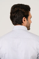 Model wearing grey striped shirt for men by Shaan & Stitch back view zoomed