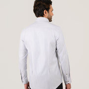 Model wearing grey striped shirt for men by Shaan & Stitch back view