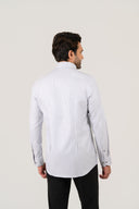 Model wearing grey striped shirt for men by Shaan & Stitch back view