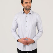 Model wearing grey striped shirt for men by Shaan & Stitch front view