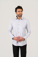 Model wearing grey striped shirt for men by Shaan & Stitch front view