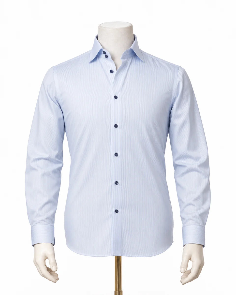 The Blue Meridian: Light Blue Pinstripe Satin Shirt