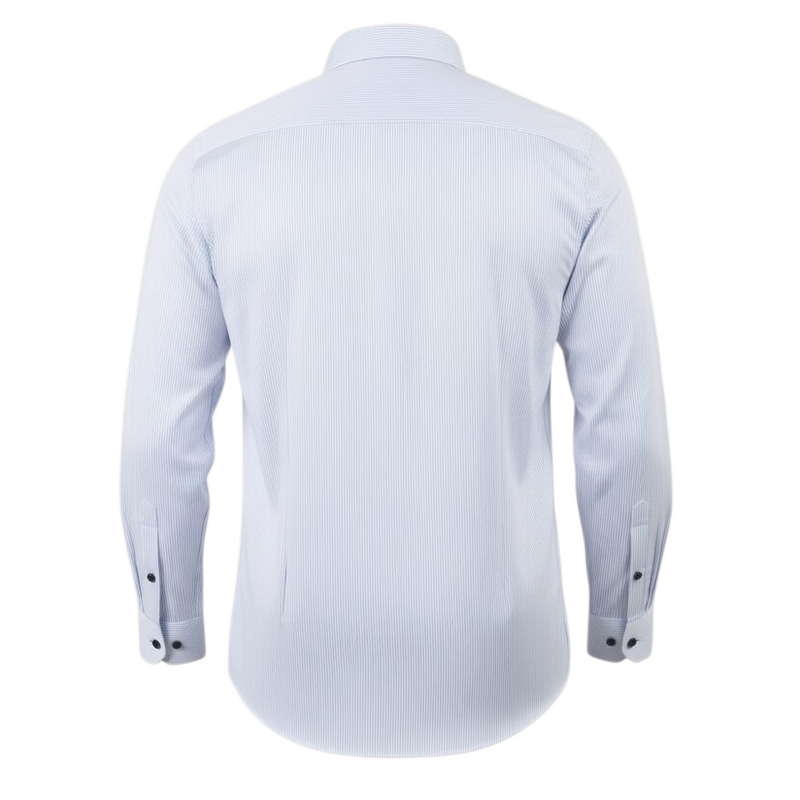 Light blue pinstripe shirt for men back view showing clean tailored fit
