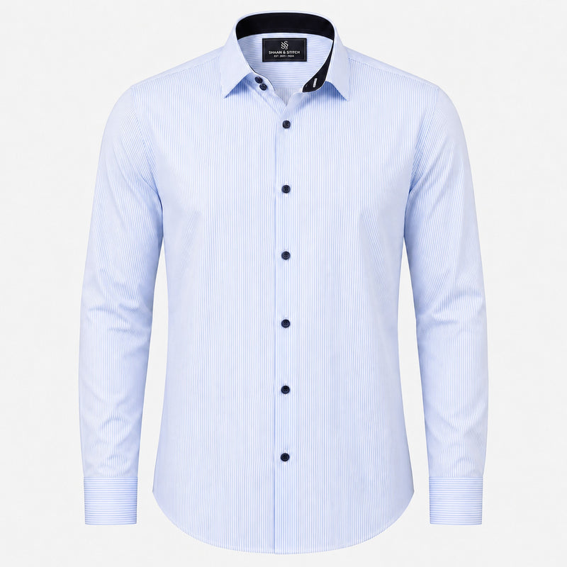 Light blue pinstripe shirt for men front view in premium satin fabric