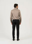 Light brown satin shirt for men worn by model showing back fit and style