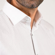 Light grey striped shirt close-up of collar and placket detail in satin fabric