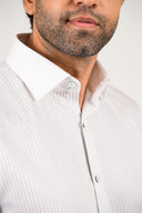 Light grey striped shirt close-up of collar and placket detail in satin fabric