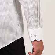 Light grey satin shirt cuff detail with refined candy stripe finish