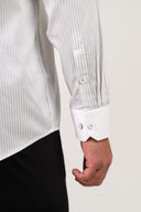 Light grey satin shirt cuff detail with refined candy stripe finish