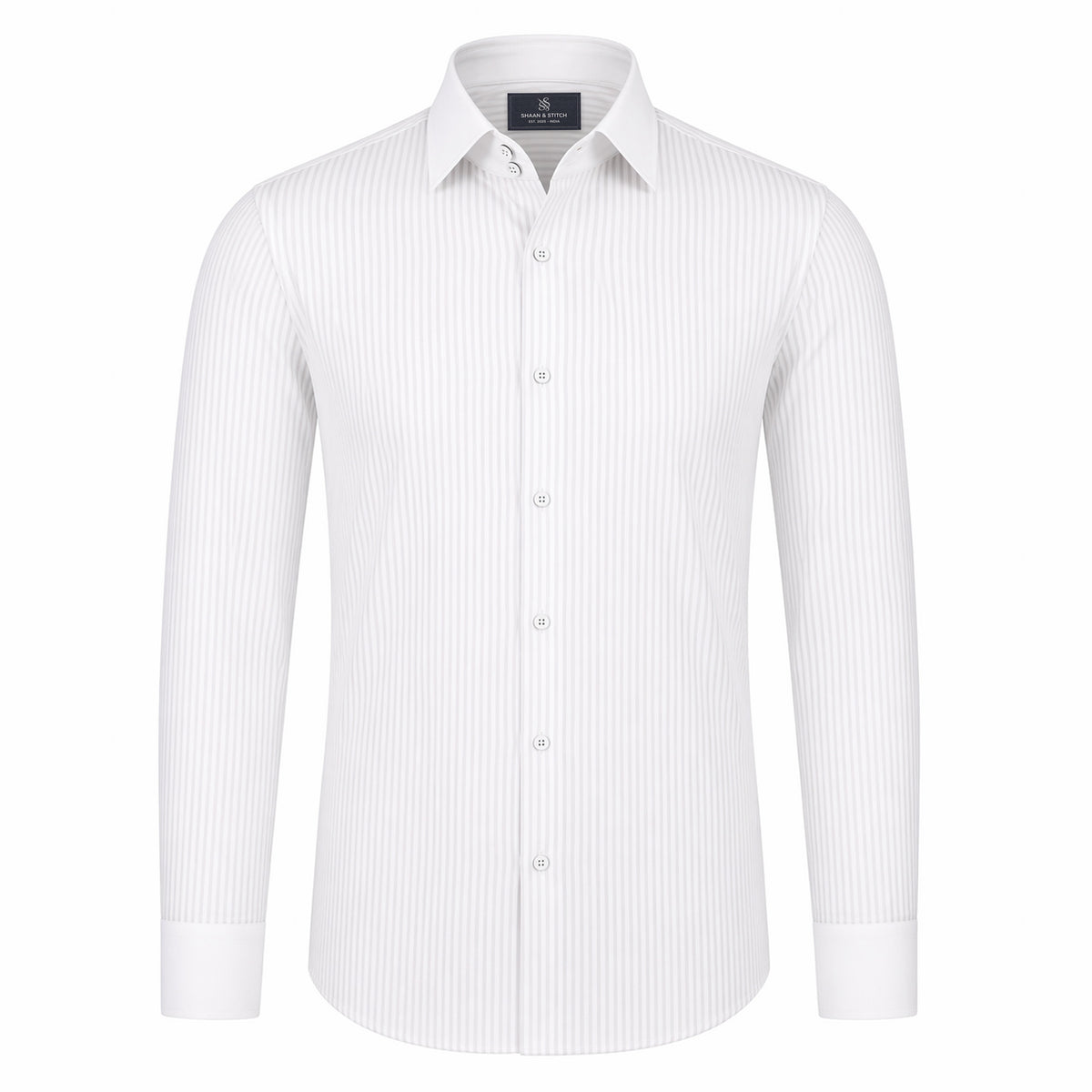 Light grey shirt for men front view with candy stripe design in satin fabric