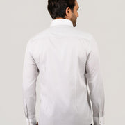 Light grey candy stripe shirt worn by model showing back fit