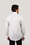 Light grey candy stripe shirt worn by model showing back fit