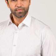 Light grey shirt for men worn by model in polished formal style with closeup view