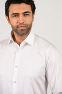 Light grey shirt for men worn by model in polished formal style with closeup view