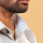 Inside collar tape detail of light grey windowpane twill shirt