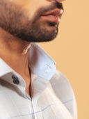 Inside collar tape detail of light grey windowpane twill shirt