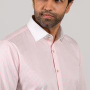 Light pink striped shirt close-up of white contrast collar and double button collar detail