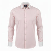 Light pink shirt for men front view with candy stripe design and white contrast collar