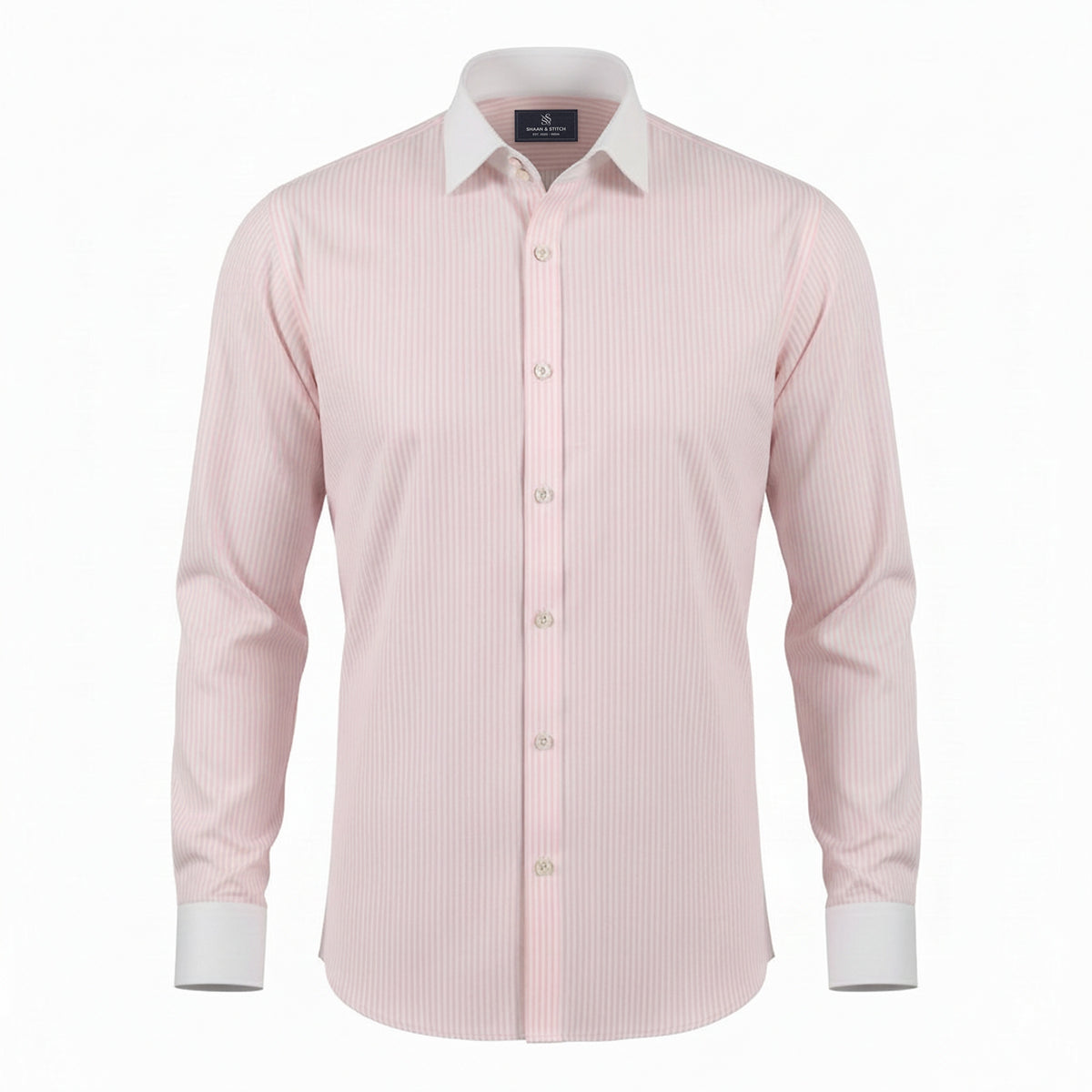 Light pink shirt for men front view with candy stripe design and white contrast collar
