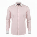 Light pink shirt for men front view with candy stripe design and white contrast collar