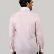 Light pink candy stripe shirt worn by model showing back fit