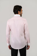Light pink candy stripe shirt worn by model showing back fit